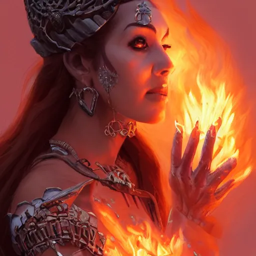 Image similar to Closeup of realistic Sumerian Death Queen with small bones covering vest and flowing fire and smoke , fantasy, intricate, elegant, highly detailed, digital painting, artstation, concept art, matte, sharp focus, illustration, hearthstone, art by Artgerm and Greg Rutkowski and peter mordenbacher