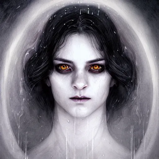 Image similar to a vampire priest character portrait, lean face, cinematic lighting, glowing grey eyes, hyper-detailed, 4k, high resolution, in the style of Charlie Bowater, Tom Bagshaw, single face, symmetrical, headshot photograph, insanely detailed and intricate, beautiful, elegant, watercolor, cinematic, portrait, Raphaelite, headroom, Pierre-Auguste Renoir