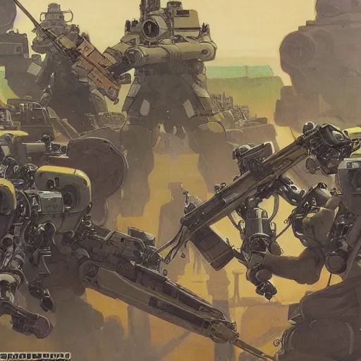 Prompt: USN mechs patrol Australian neutral zone with infantry accompaniment. 2087. Concept art by James Gurney and Alphonso Mucha