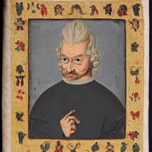 Prompt: a portrait of a very ugly medieval nobleman with white hair, big forhead and mismatched eyes.