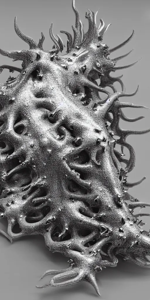 Image similar to a photorealistic render of a metallic spiky neotribal sea slug, greyscale, made of melted plastic and marble, c 4 d, by zhelong xu and ernst haeckel, wide angle, hyper realistic, plain black background, 8 k, volumetric lightning, octane render