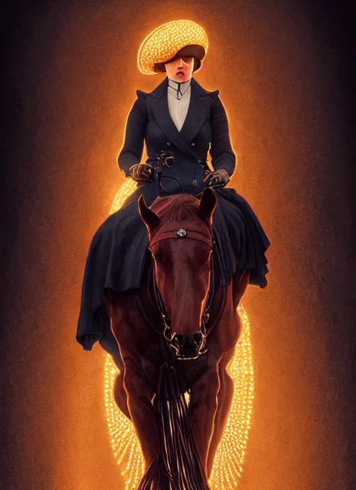 Image similar to symmetry!! portrait of christina hendricks riding a horse in peaky blinders, glowing lights!! intricate, elegant, highly detailed, digital painting, artstation, concept art, smooth, sharp focus, illustration, art by artgerm and greg rutkowski and alphonse mucha