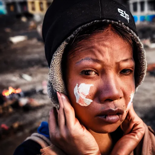 Image similar to photographic portrait of a poor streetwear woman in distress, a futuristic shanty town burns in the background, closeup, sigma 85mm f/1.4, 4k, depth of field, high resolution, 4k, 8k, hd, full color