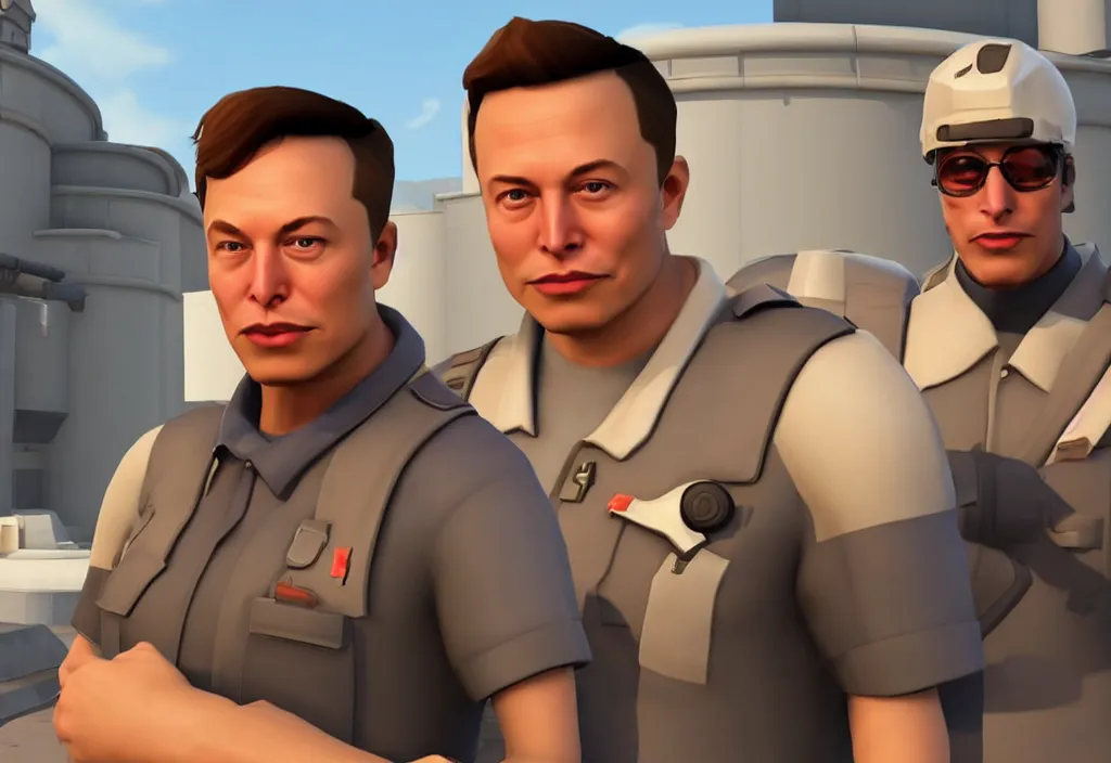 Image similar to elon musk in team fortress 2, elon musk in the video game team fortress, gameplay screenshot, close up, 3 d rendering. unreal engine. amazing likeness. very detailed.