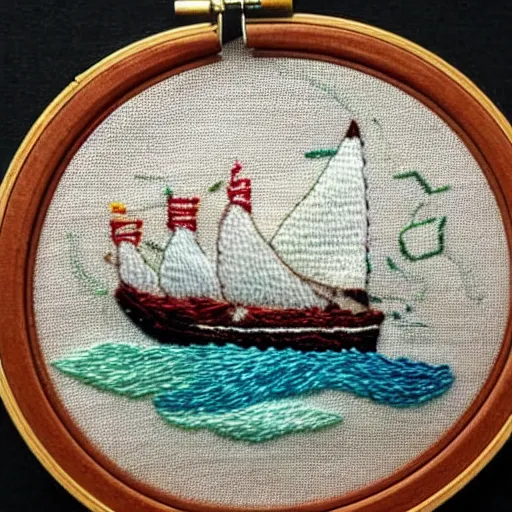 Image similar to a tiny beautiful handmade embroidery of a ship on the ocean. hand embroidery.