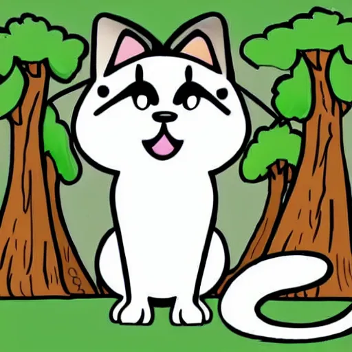 Image similar to cartoon art of a happy black and white cat wearing a crown, in a forest