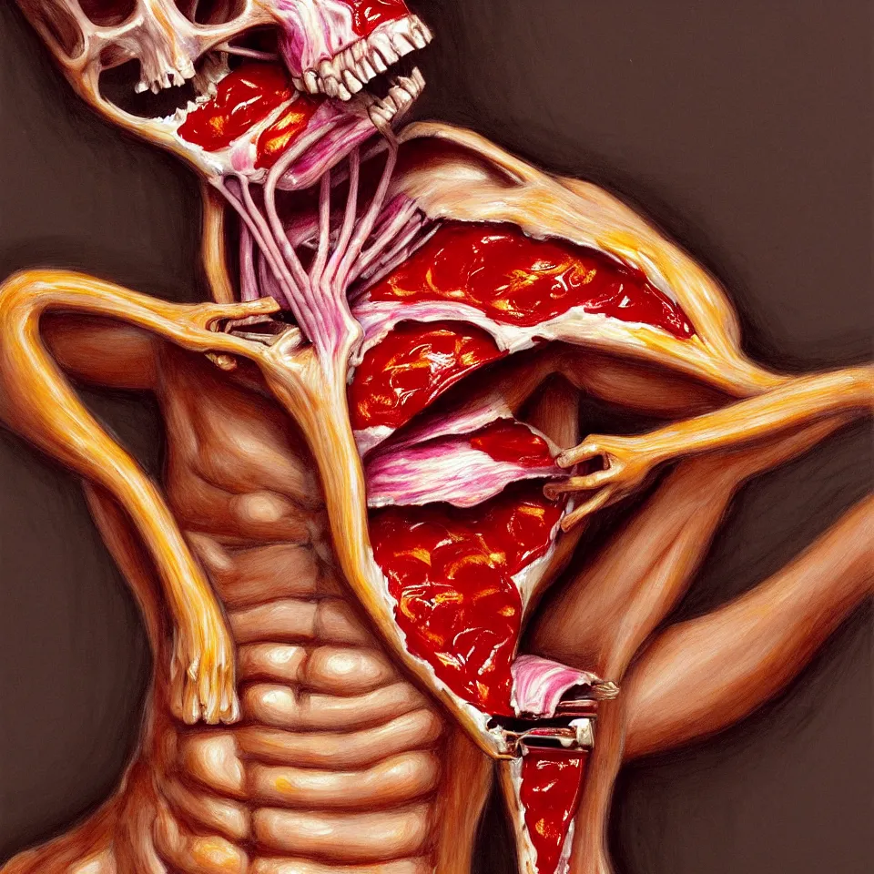 Image similar to bright realistic anorexic ribs boney obese eating herself to death, pizza, appartment, rotten flesh, diffuse lighting, fantasy, intricate, elegant, highly detailed, lifelike, photorealistic, digital painting, artstation, illustration, concept art, smooth, sharp focus, art by francis bacon