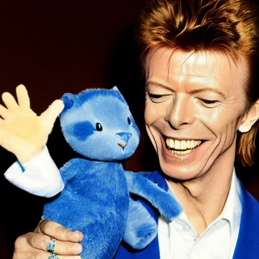 Prompt: david bowie laughing at a blue cat in his hands