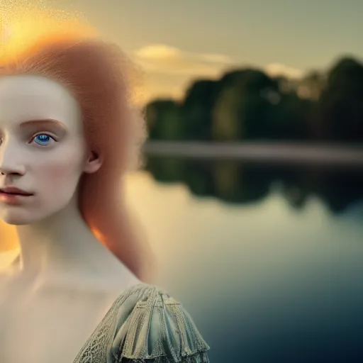 Prompt: photographic portrait of a stunningly beautiful english renaissance female with abtract hair, in soft dreamy light at sunset, beside the river, soft focus, contemporary fashion shoot, in a tim burton movie, by edward robert hughes, annie leibovitz and steve mccurry, david lazar, jimmy nelsson, extremely detailed, breathtaking, hyperrealistic, perfect face, octane render