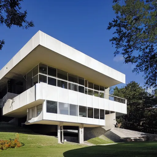 Image similar to second story elevated white brutalist home perched atop 2 equidistant separated large piers, double cantilevered design, large windows, elegant, white stone, proportion, golden ratio, epic composition, steel window mullions, cars parked underneath