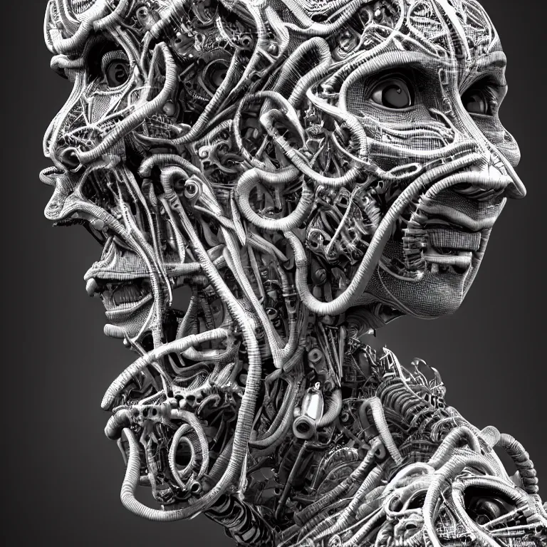 Image similar to surreal biomechanical spinal ribbed tribal exotic organic face portrait of mechanical cyborg, beautiful detailed intricate insanely detailed BW 3D render digital art, octane render, 8K artistic photography, photorealistic