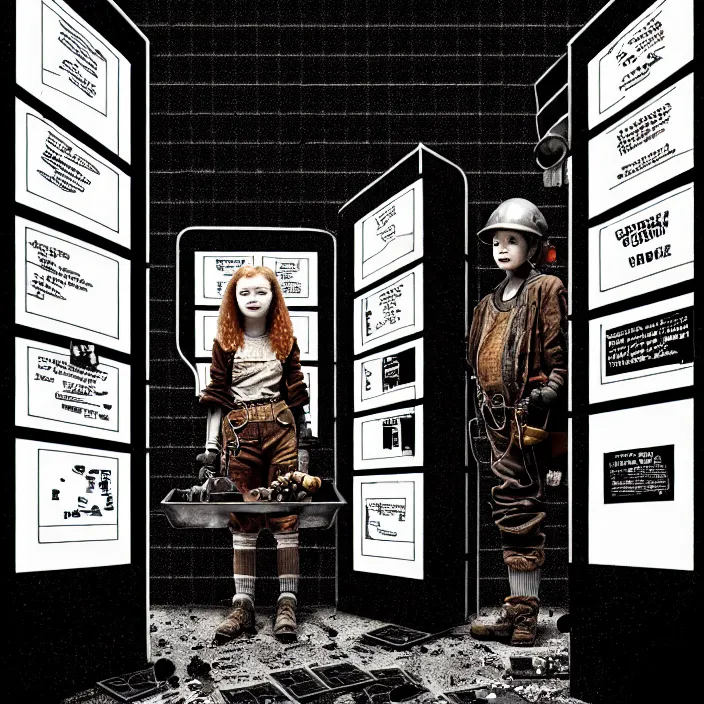 Image similar to sadie sink as a miner inside a minimalist steampunk automated kiosk room considers food options to choose from. black tiles on walls, bright foods displayed on a wall. wide angle lens. black and white, pencil and ink. scifi cyberpunk. by gabriel hardman, joe alves, chris bonura. cinematic atmosphere, detailed and intricate, perfect anatomy