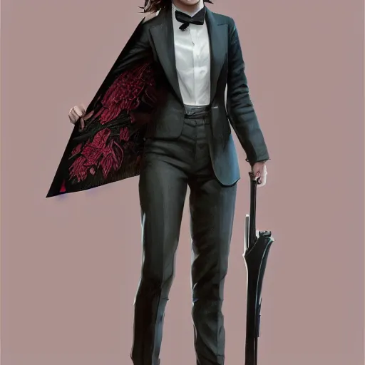 Prompt: Emma Watson wearing a suit as a grand theft auto 5 loading screen, gorgeous, intricate, highly detailed, digital painting, artstation, concept art, sharp focus, illustration, art by greg rutkowski and alphonse mucha