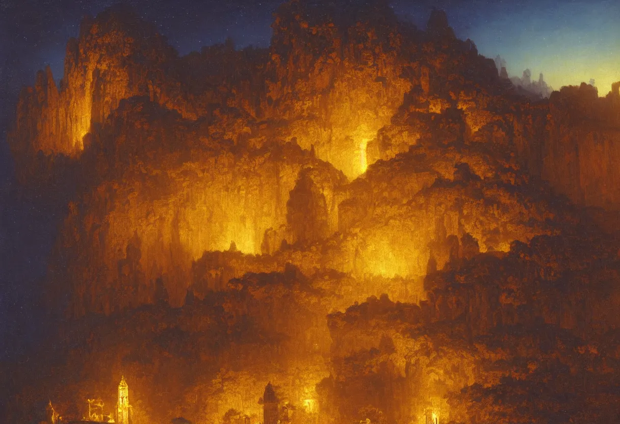 Image similar to a beautiful ultradetailed painting of a single gilded cathedral at the edge of a cliff next to a deep blue sea illuminated by orange fireflies, albert bierstadt, makoto shinkai, 8 k, light effects, trending on artstation