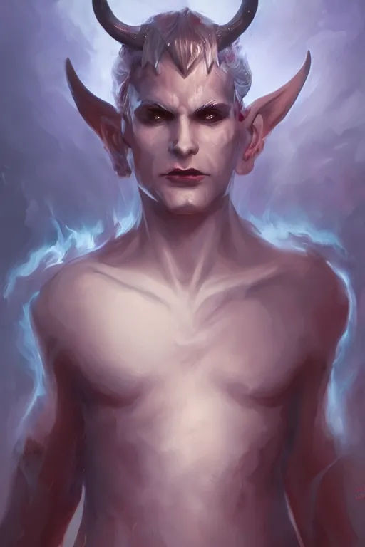 Image similar to djinn man male demon, portrait, full body character concept art, costume design, illustration, white horns from eyebrows, single face, cinematic color grading, editorial photo, fashion, hyperrealism, trending on artstation, Charlie Bowater, WLOP