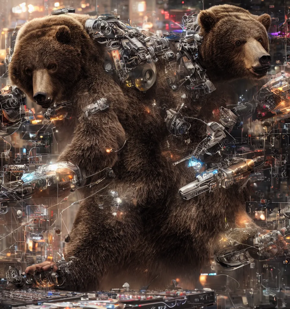 Image similar to a cyborg grizzly bear dj mixing records on stage, photorealistic, highly detailed, illustration, lifelike, highly detailed, intricate, octane render, sharp focus, cyberpunk