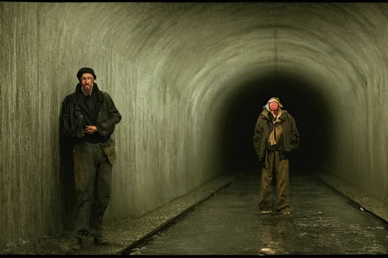 Image similar to a cinematic headshot photograph of a beautiful homeless war veteran, stood in a tunnel, rain, film still, cinematic, dramatic lighting, by bill henson and annie leibovitz