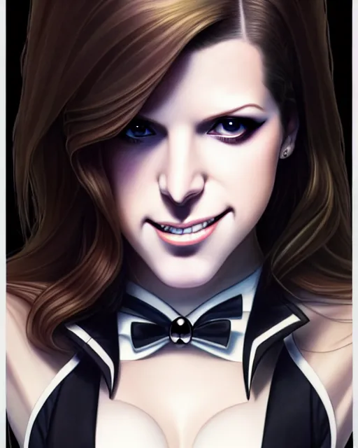 Image similar to ultra realistic, beautiful Anna Kendrick Zatanna DC Comics waist up floating, on stage, symmetrical face symmetrical eyes, smiling, modern anime, fantasy, eerie, intricate details, atmospheric, elegant, super highly detailed, professional digital painting, artstation, concept art, 8k, art by artgerm and eiichiro oda and koyoharu gotouge