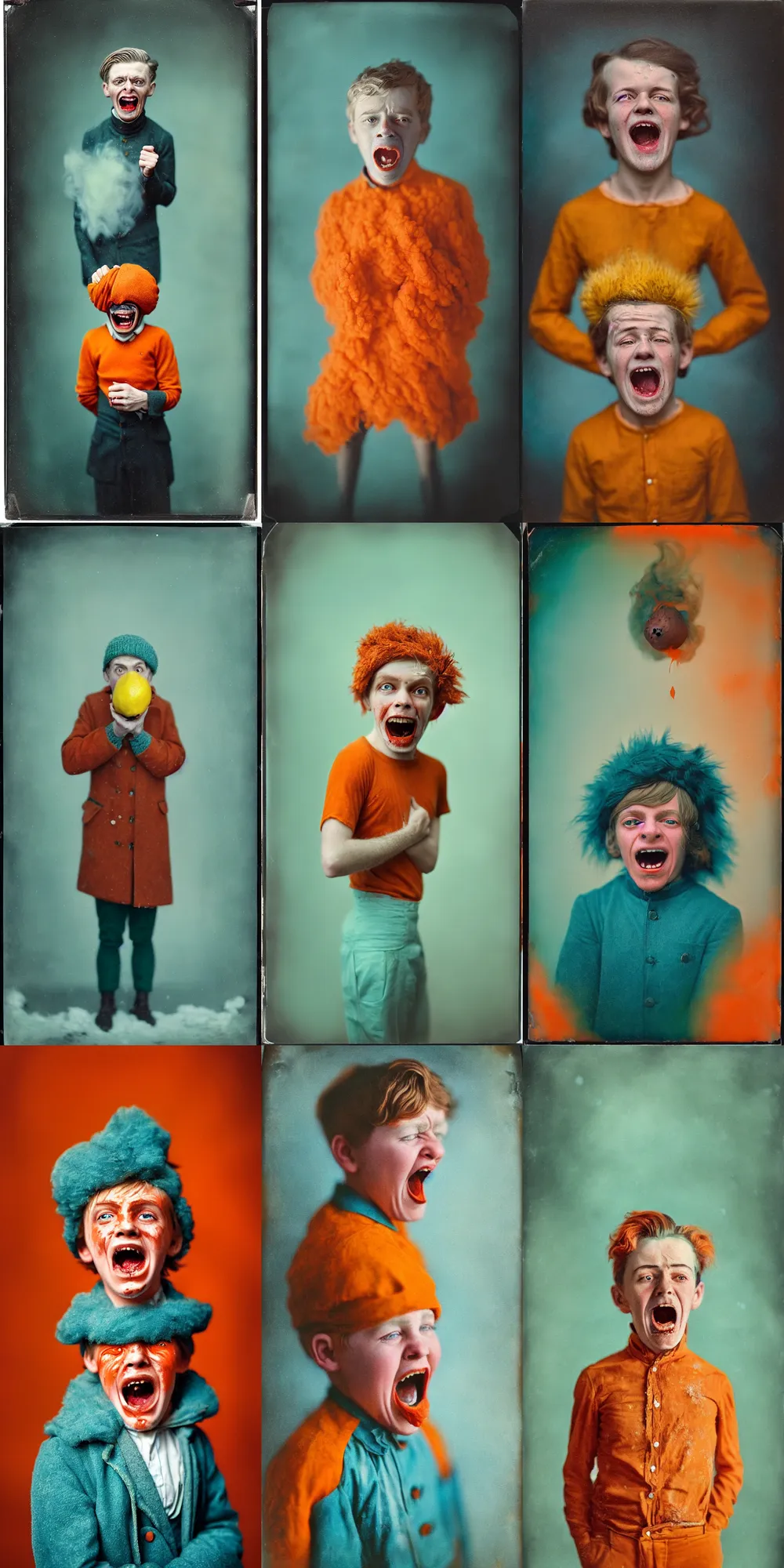 Image similar to kodak portra 4 0 0, wetplate, 8 k, shot of a highly detailed, britt marling style, colour still - life portrait of a lemon looks like a handsome screaming 8 year old boy in a dangerous snow hell fire storm, 1 9 2 0 s cloth, 1 9 2 0 s hair, teal and orange, muted coloures