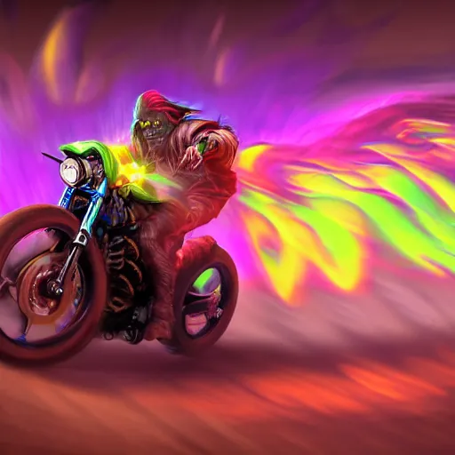 Image similar to colorful blacklight airbrush artwork, motorcycle, stylized action shot of an orc biker riding a motorcycle, drifting, skidding, wheelie, clear focused details, soft airbrushed artwork, black background, cgsociety, artstation