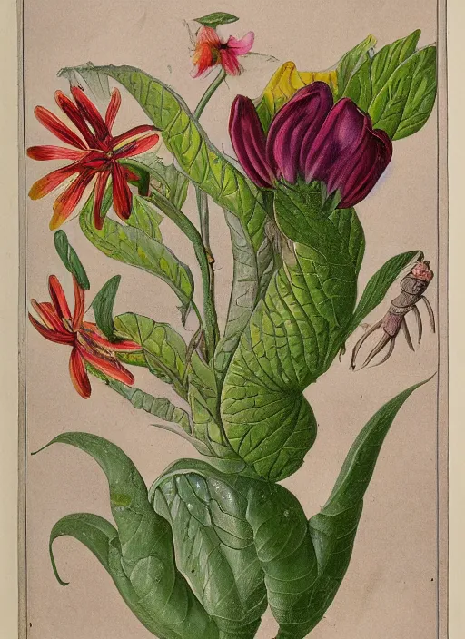 Prompt: fantasy scientific botanical illustration of colorful flower with a mouth and teeth on its base