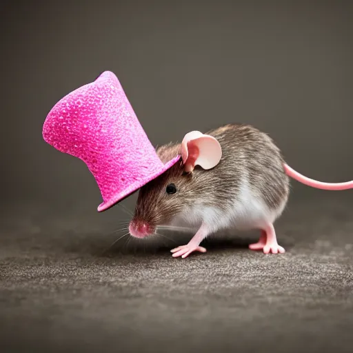 Prompt: mouse with pink cowboy hat in the bathroom, photo realistic, f 1. 4, 1 0 0 mm lens, nat geo award winner, eos, sharp focus, bokeh