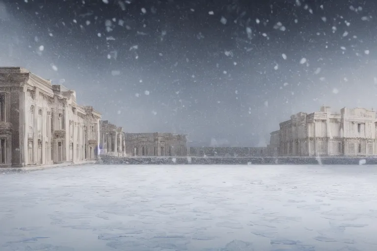 Image similar to a landscape with palace, a very windy and cold place, everything is made out of ice, snowing, cinematic lighting