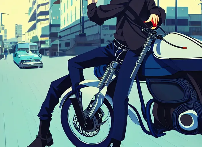 Image similar to anime visual, illustration of a young man riding around town on his new motorbike, handsome face by ilya kuvshinov, yoshinari yoh, makoto shinkai, katsura masakazu, dynamic perspective pose, detailed facial features, kyoani, rounded eyes, crisp and sharp, cel shad, anime poster, ambient light,