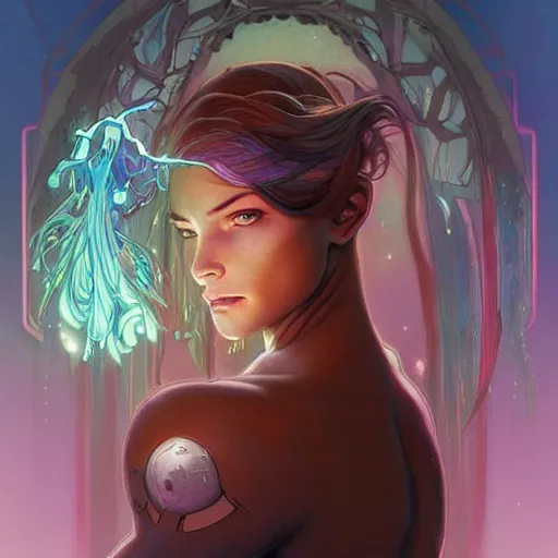 Image similar to cyborg, female, fantasy, bioluminiscence, flowing hair, portrait, highly detailed, digital painting, beautiful eyes, symmetry, concept art, sharp focus, illustration, art by artgerm and greg rutkowski and magali villeneuve and ilya kuvshinov! : : alphonse mucha : : - 0. 2