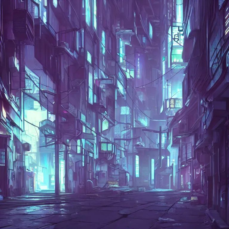 Image similar to city alleyway in the atmospheric cyberpunk anime film, gouache matte background painting, neon noir, at night with lights, by makoto shinkai, in the anime series ergo proxy, beautiful specular edge highlights and rim lighting