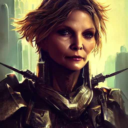 Image similar to michelle pfeiffer portrait, dystopia core, apocalyptic, armor, warrior, dramatic, sharp focus, fiction, neon, fantasy, hyper detailed, digital art, trending in artstation, cinematic lighting, studio quality, smooth render, unreal engine 5 rendered, octane rendered, art style and nixeu and wlop and krenz cushart