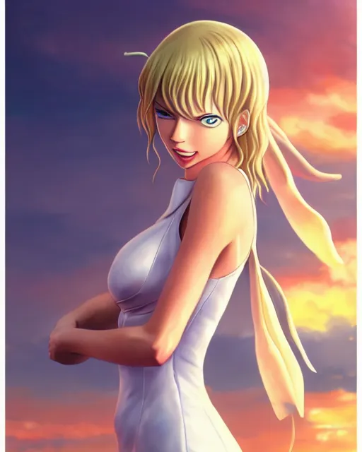 Image similar to taylor swift as nami from one piece, simple cream dress, detailed perfect face, mid view, by artgerm, by studio muti, greg rutkowski makoto shinkai takashi takeuchi studio ghibli