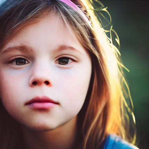 Prompt: a portrait of an girl's face. depth of field. lens flare