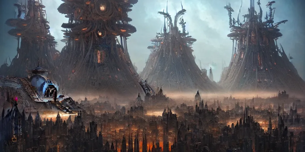 Image similar to a beautiful and insanely detailed matte painting of an advanced sprawling futuristic warrior civilization with surreal architecture designed by akihiko yoshida!, whimsical!!, epic scale, intricate details, sense of awe, warhammer 4 0. 0 0 0, elite, fantasy realism, complex layered composition!!