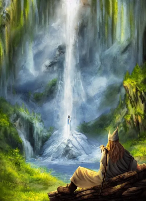 Image similar to wizard sitting next to waterfall in the mountains, trending on deviantart, lord of the rings, detailed