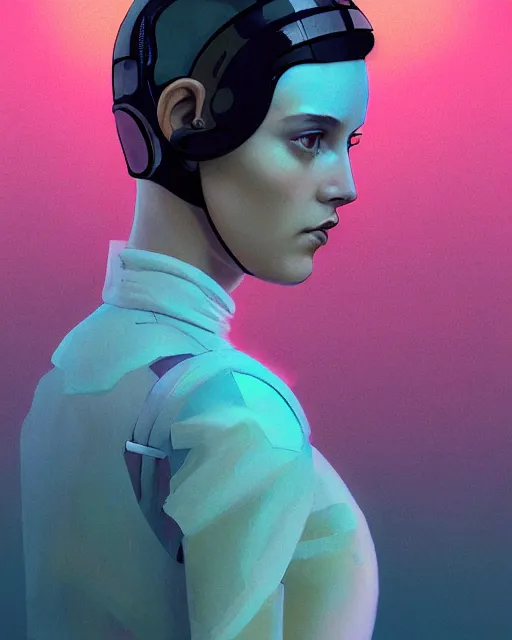 Prompt: highly detailed profile of androgynous girl, blade runner 2 0 4 9, scorched earth, cassette futurism, modular synthesizer helmet, the grand budapest hotel, glow, digital art, artstation, pop art, by hsiao - ron cheng and artgerm