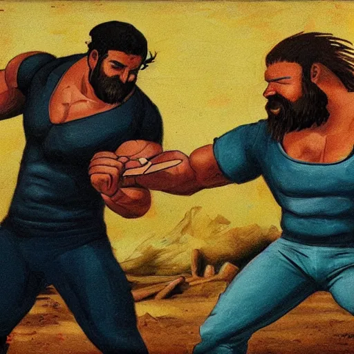 Image similar to two muscular men fighting over the last sandwich on earth, photorealistic