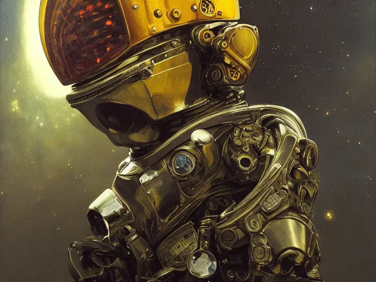 Image similar to a detailed profile oil painting of an advanced shock trooper in a spacesuit with reflective helmet, advanced technology flight suit, portrait symmetrical and science fiction theme with lightning, aurora lighting clouds and stars by beksinski carl spitzweg and tuomas korpi. baroque elements, full-length view. baroque element. intricate artwork by caravaggio. Trending on artstation. 8k