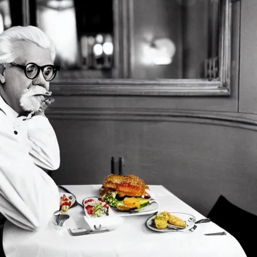 Image similar to colonel sanders eating in a michelin star french restaurant