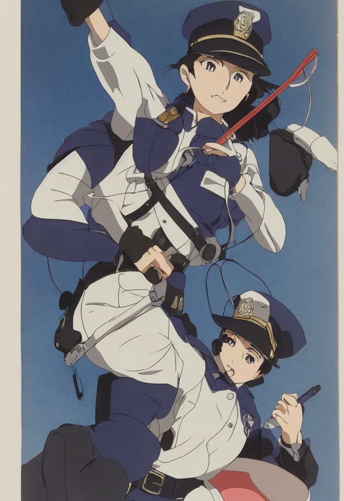 Image similar to a police woman, animation cel for anime movie, designed by haruhiko mikimoto