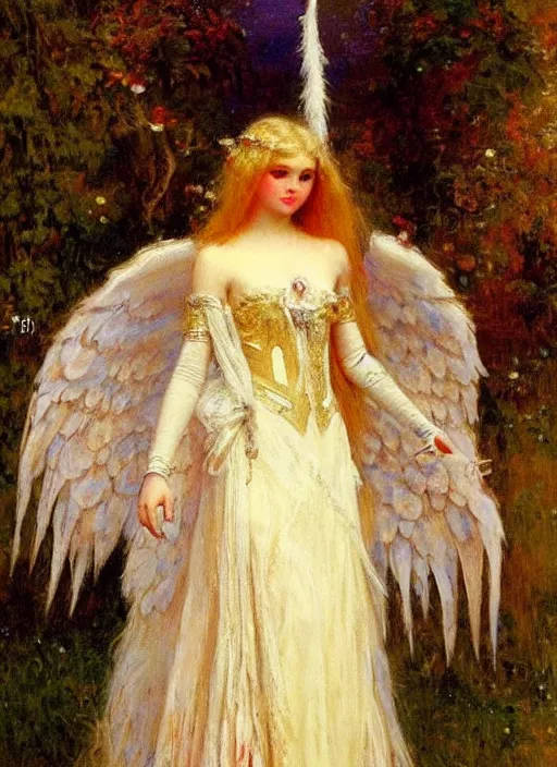 Image similar to vertical prtrait of an angel knight gothic girl, baroque dress. by gaston bussiere