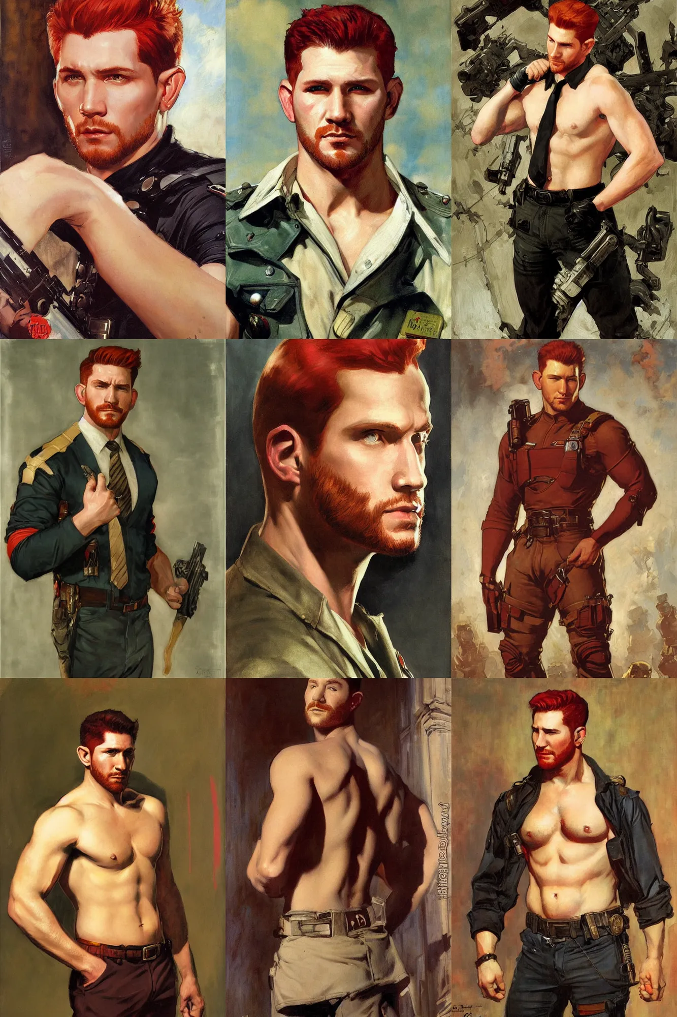 Prompt: chris redfield with red hair, painting by j. c. leyendecker