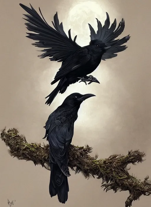 Prompt: ultra realistic illustration, raven on a branch in the moonlight anime, intricate, elegant, highly detailed, digital painting, artstation, concept art, smooth, sharp focus, illustration, art by artgerm and greg rutkowski and alphonse mucha and wlop