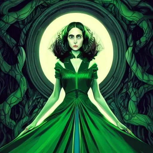 Image similar to in the style of joshua middleton, beautiful alison brie magician, black magic spells, full body green dress, creepy pose, bioshock, spooky, symmetrical face symmetrical eyes, three point lighting, detailed realistic eyes, aquapunk, insanely detailed and intricate elegant, artgerm, underwater home