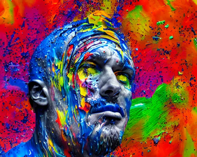 Image similar to abstract expressionist portrait of a head showing strong negative emotions painted with very thick impasto paint and acrylic pour and coloured powder explosion and splashing paint and dripping paint and flying paint chunks, motion blur, hyperrealistic, intricate art photography, anatomically correct, realistic crisp textures, 1 6 k