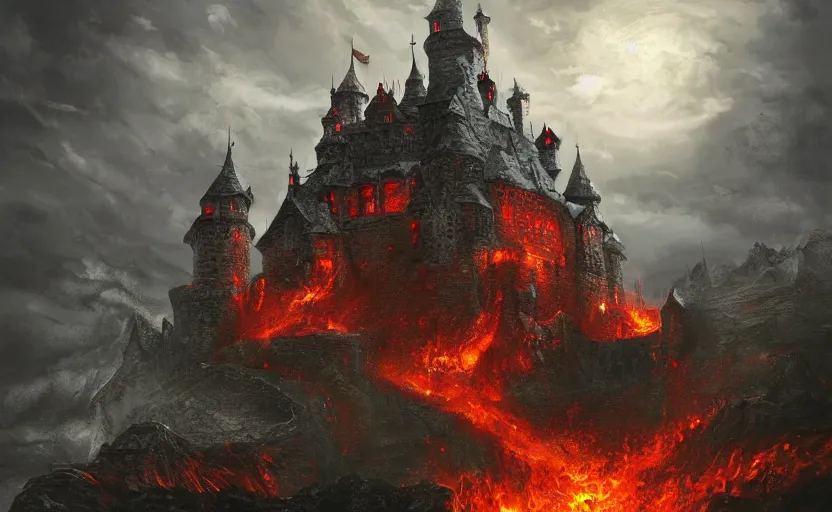 Prompt: menacing castle in hell dominates the landscape, digital art, trending on artstation