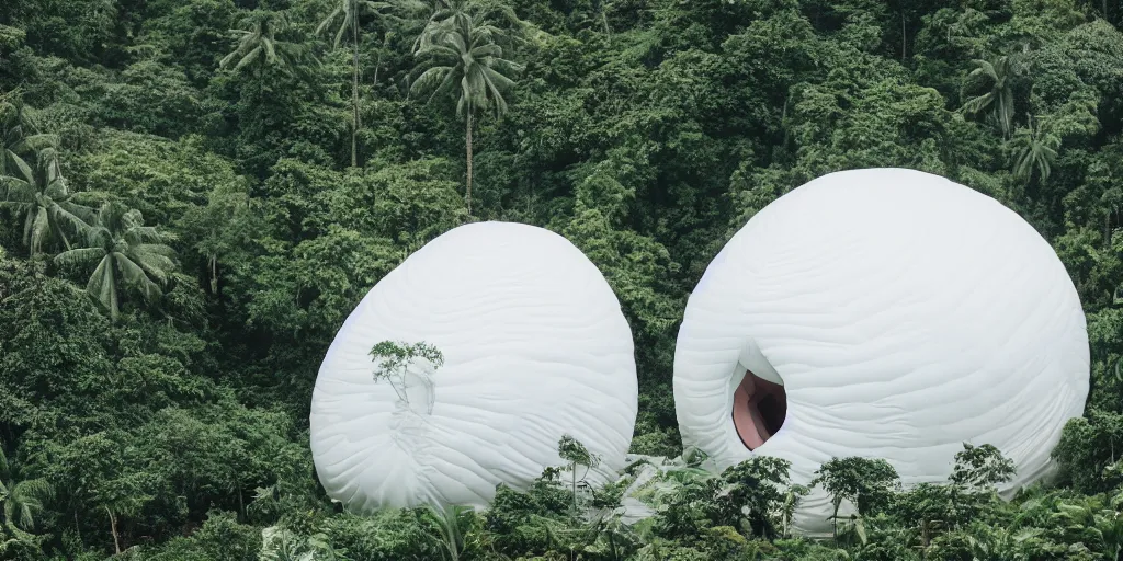 Prompt: huge white adult bouncy castle playground in big egg form, on the tropical forest, style by anish kapoor, parts by shih chieh huang, warm soft light, bird view, shallow depth of field realistic, 8 k, hyperrealism, subsurface scattering, raytracing