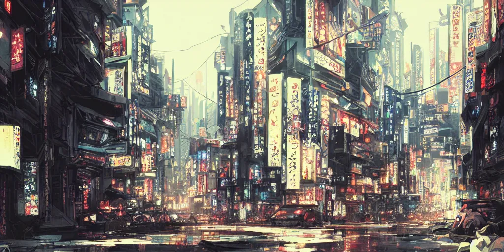 Prompt: cinematic high contrast graphic illustration of a hyper detailed street in neo tokyo by greg rutkowski
