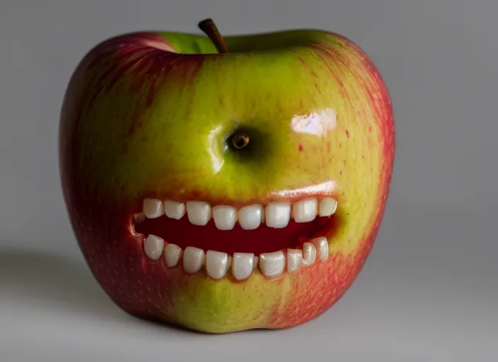 Image similar to photo still of an apple with human teeth, 8 k, studio lighting bright ambient lighting key light, 8 5 mm f 1. 8