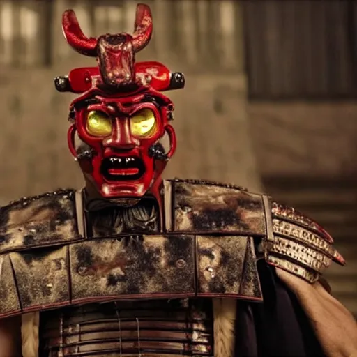 Image similar to movie still of a huge buff hypertrophic manly samurai wearing a scary cybernetic oni mask